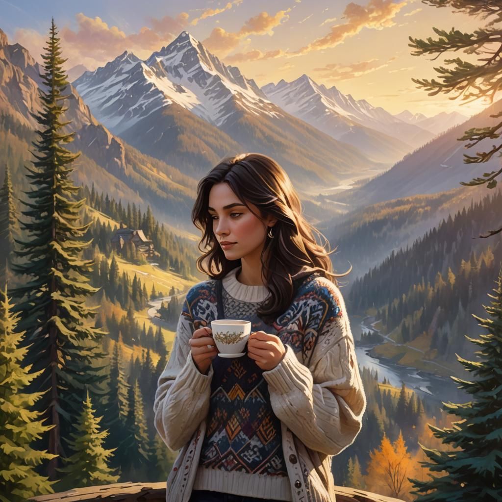 Fantasy Mountain View: Woman with Coffee