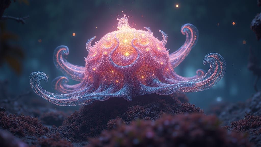 Glowing, Iridescent Cellular Form in Mystical, High-Contrast...