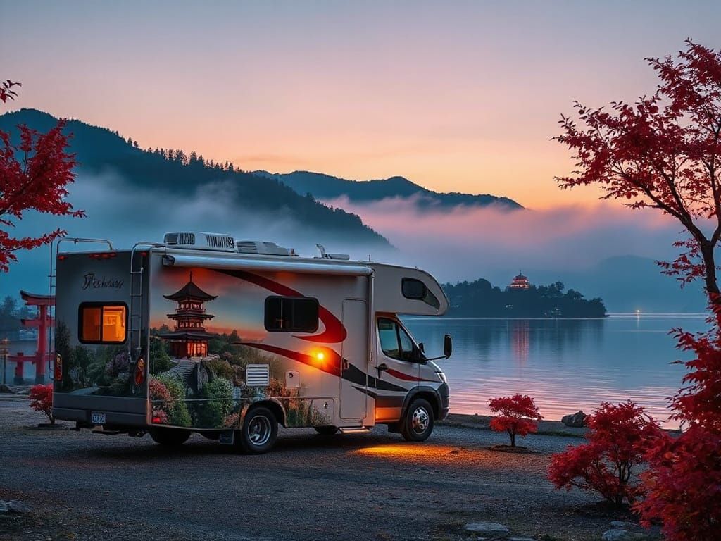 RV with Airbrushed Lake at Dawn, Japanese Style