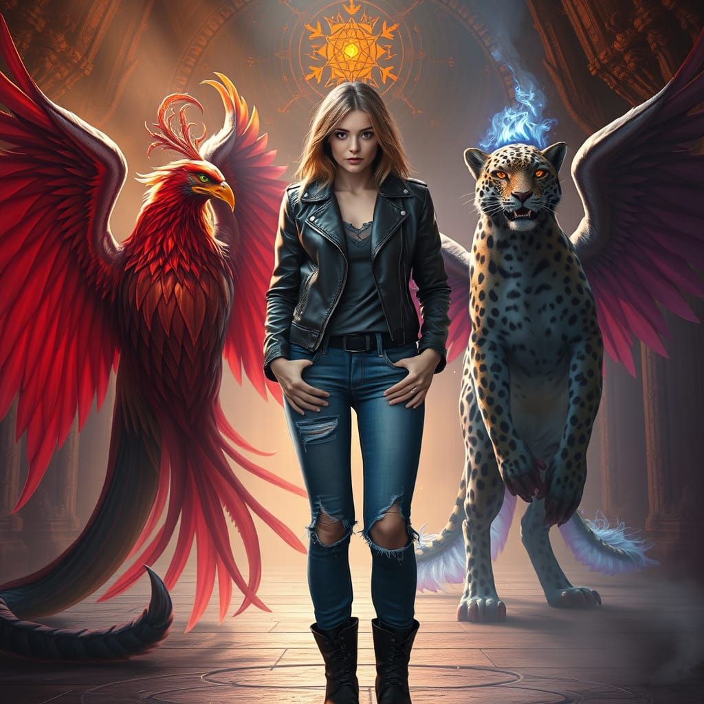 Confident Woman with Mythical Beasts in Golden Light