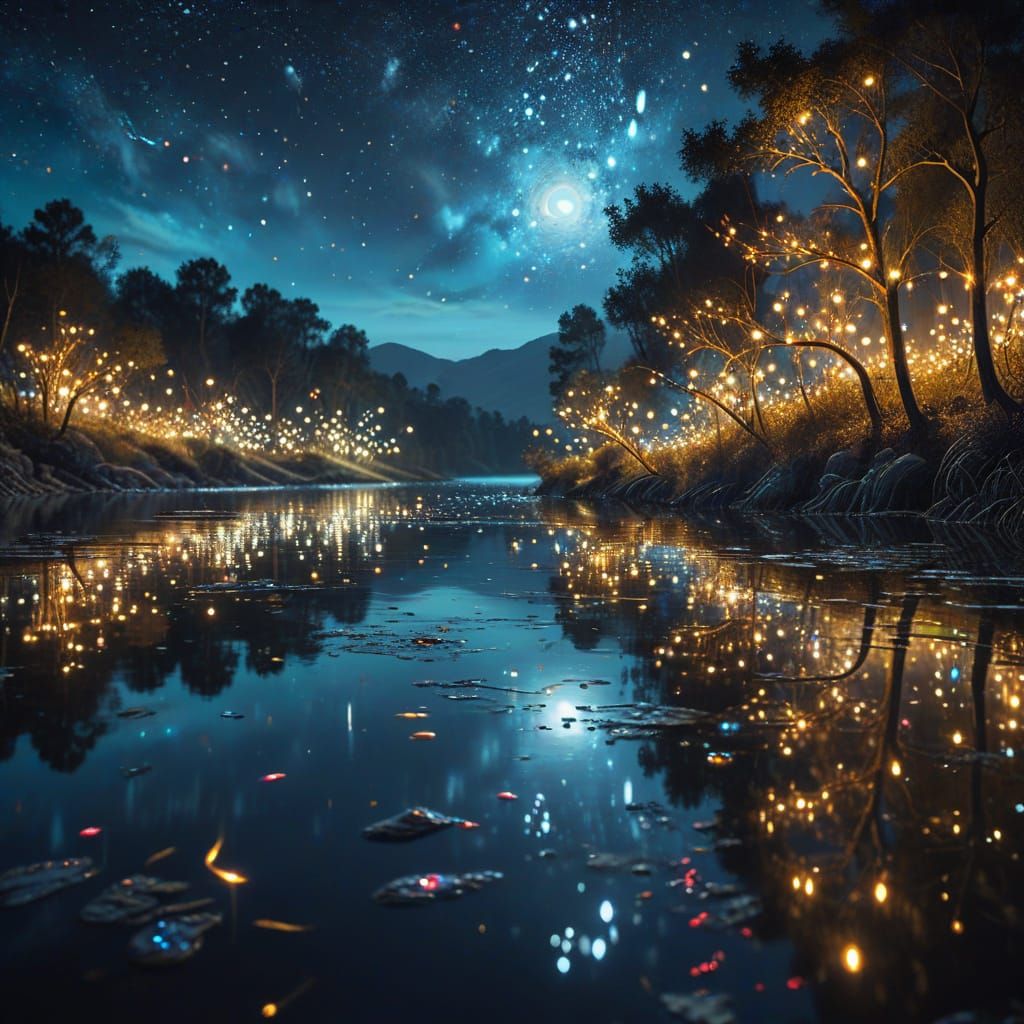 Surreal Lake Scene with Melting Lights at Night