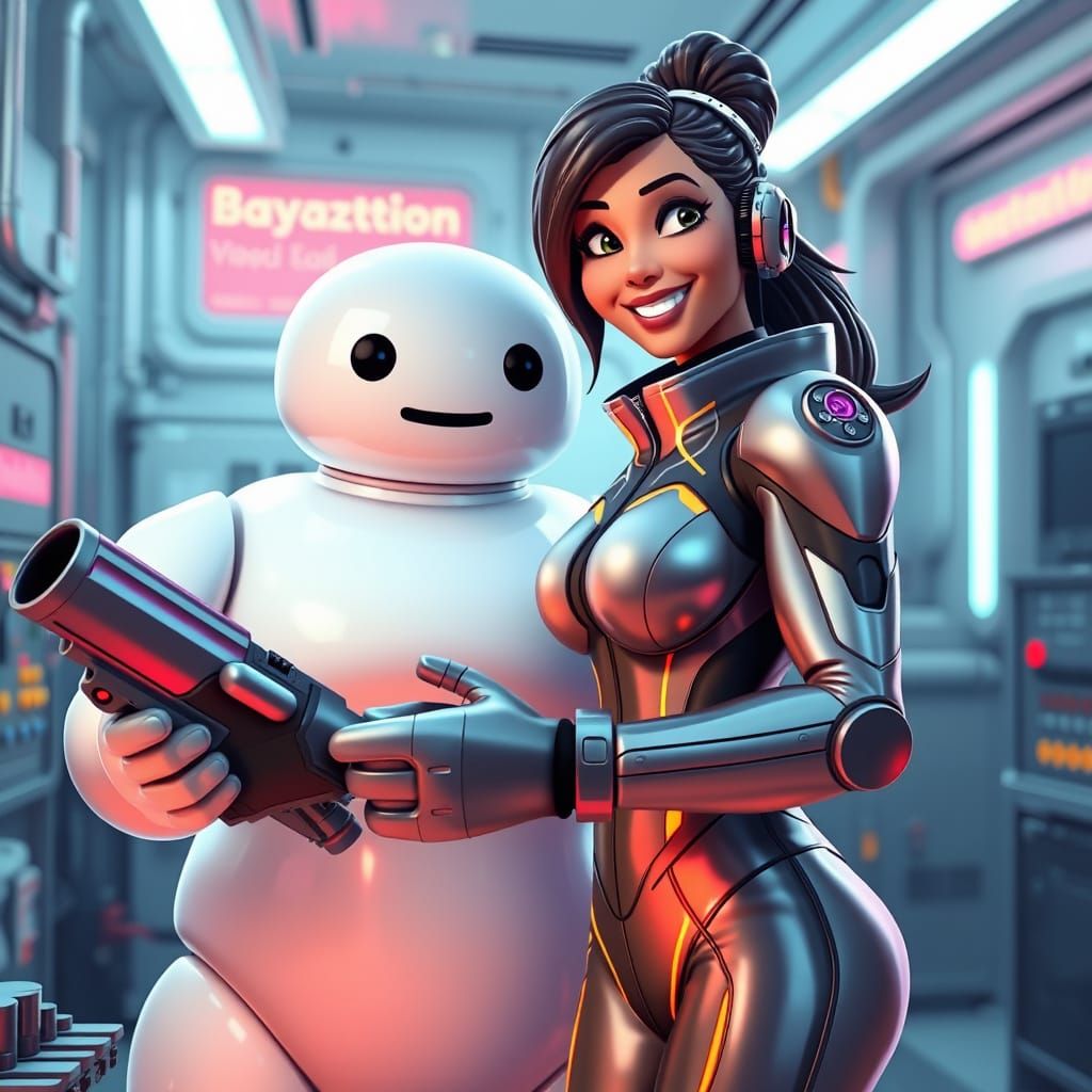 Cheerful Woman Repairs Baymax in Futuristic Pixar Style