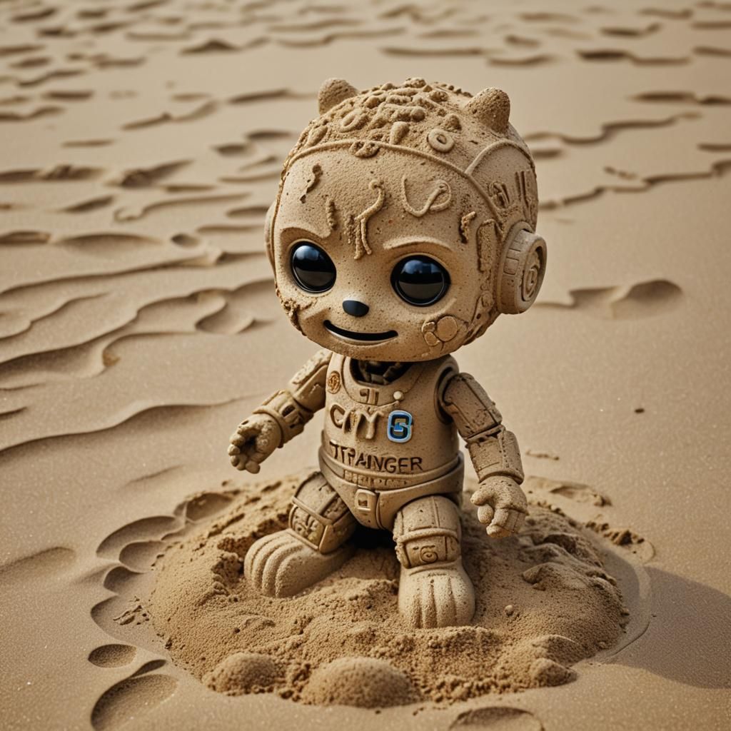 Hyperrealistic Sand Sculpture of Robotic Camus on Beach