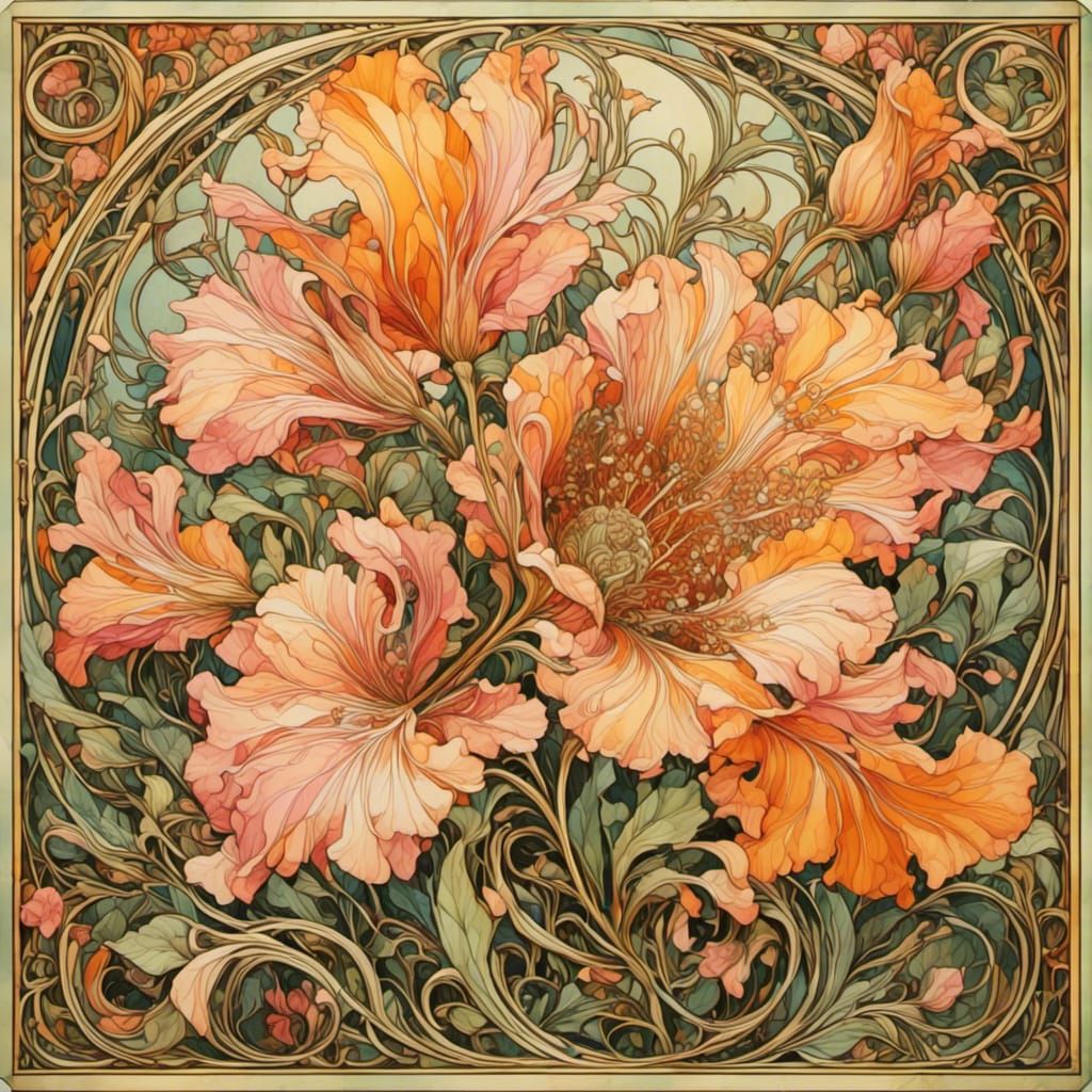 Art Nouveau Flower Illustration with Gold Accents