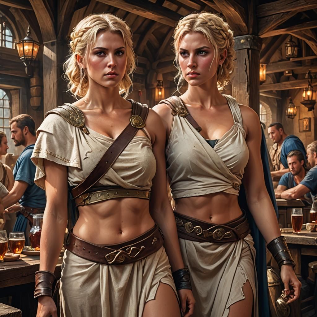 Muscled Warrior Woman in Medieval Tavern, Hyperrealistic