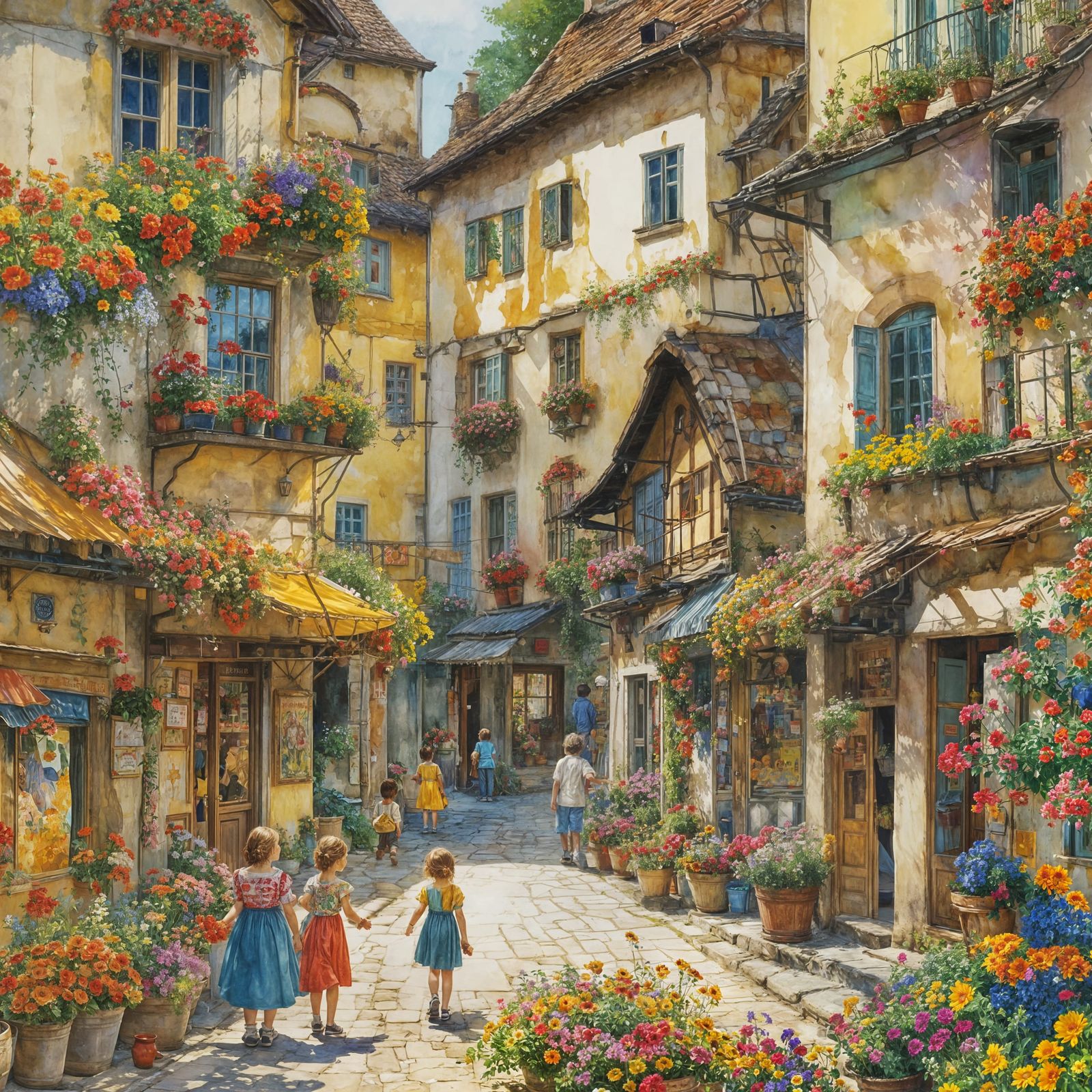 A Sunny Street Scene with Gustav Klimt-Style Florals
