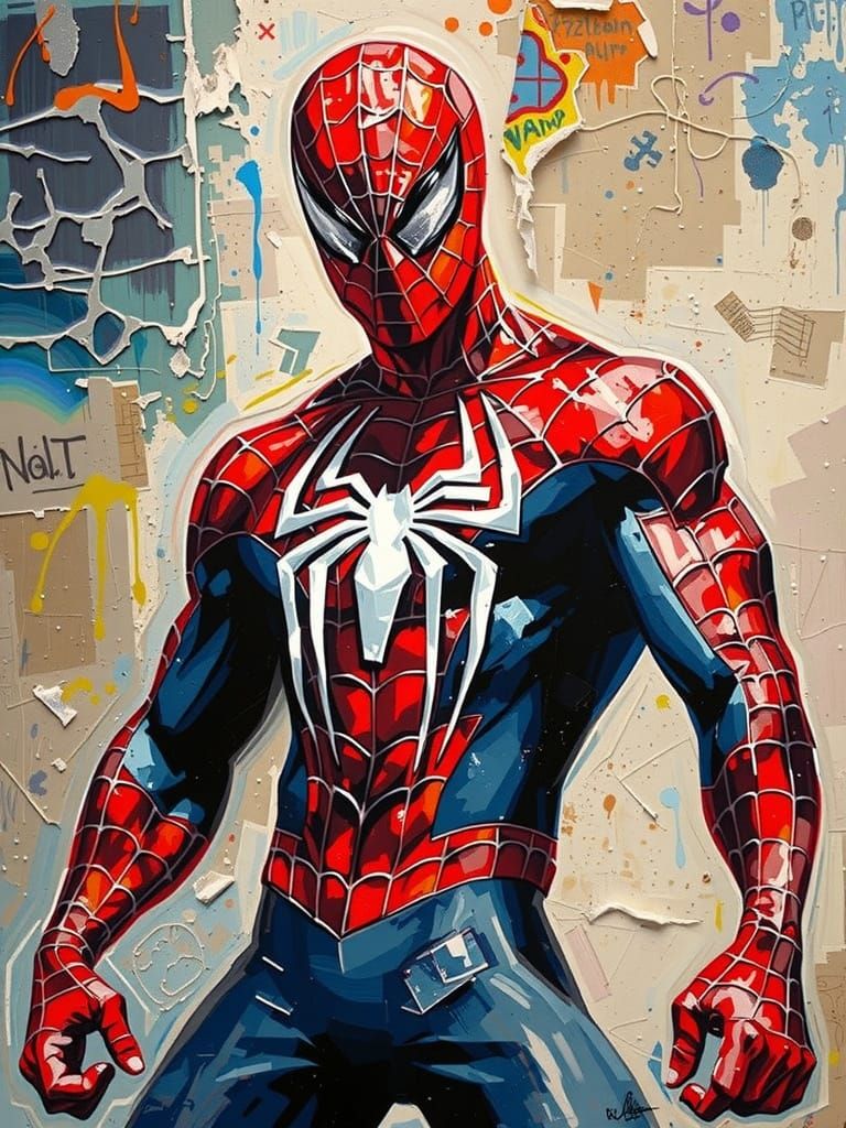 Bodybuilder Spiderman Posing: Textured Acrylic Painting