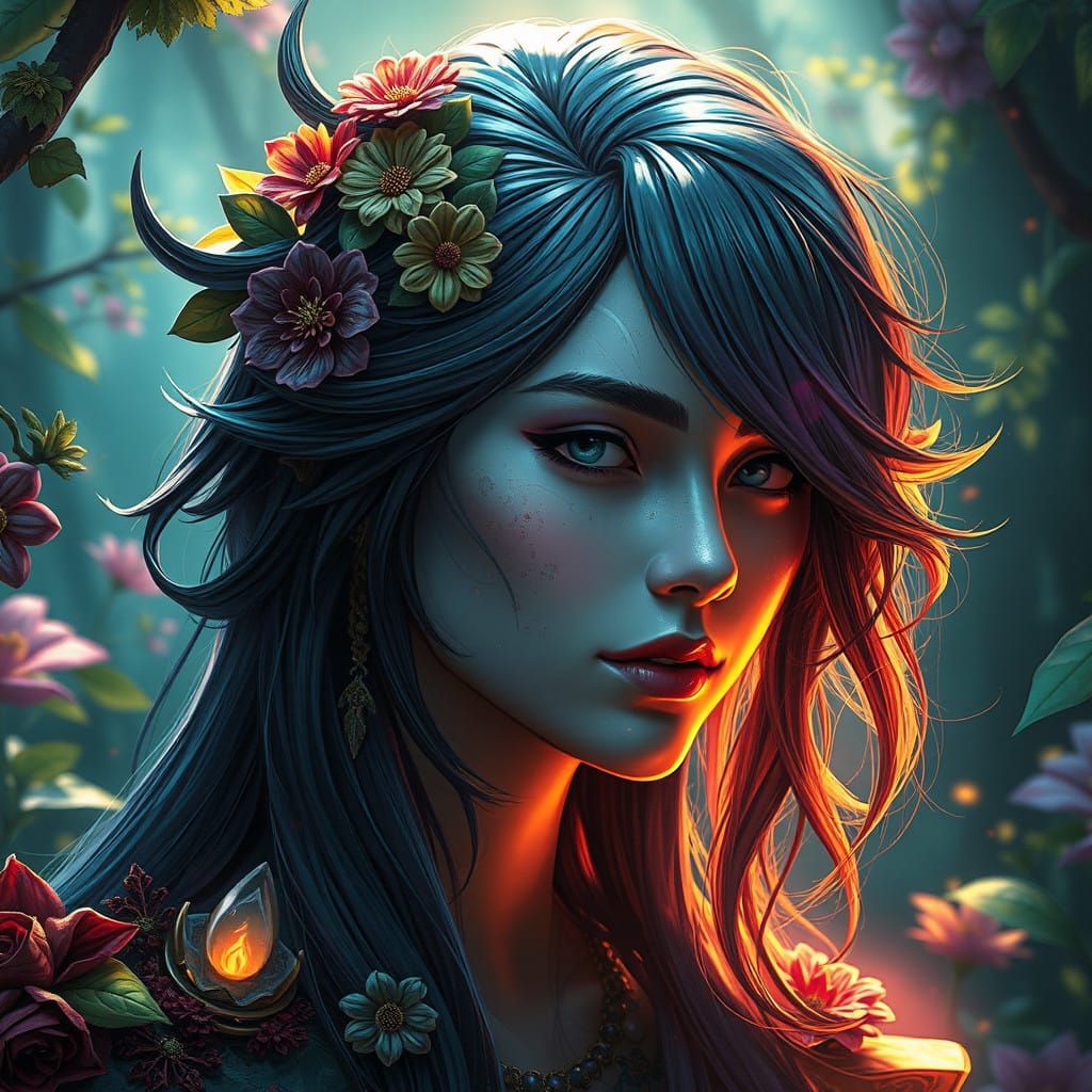 Ethereal Fantasy Portrait in Vibrant Triadic Colors