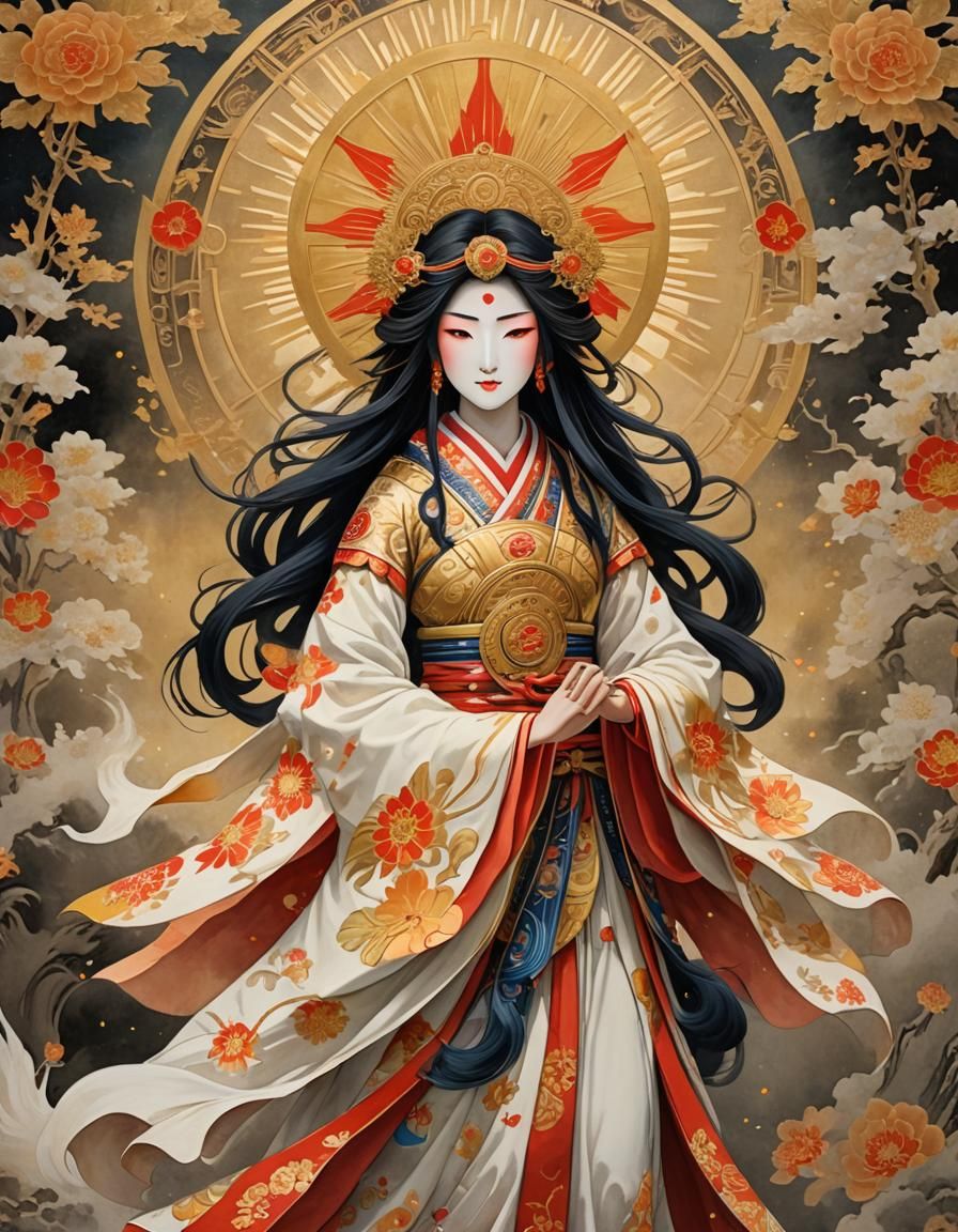 Amaterasu: Shinto Sun Goddess in Gouache Style