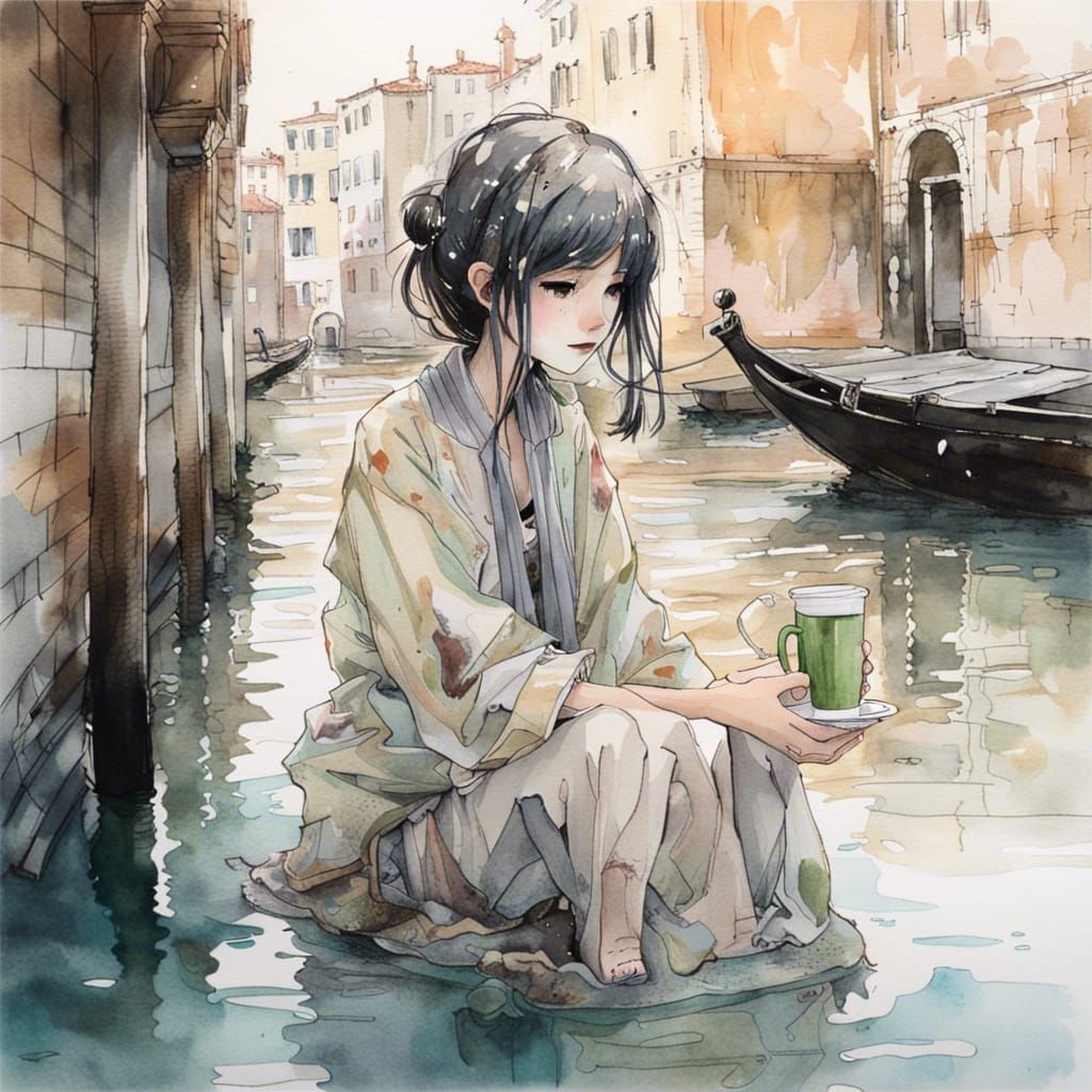 Ethereal Anime Girl in Venice: Watercolor Portrait