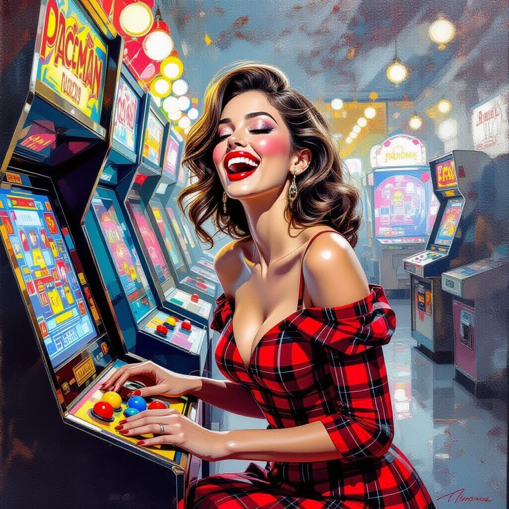 Woman Laughing at Arcade in Oil Painting Style