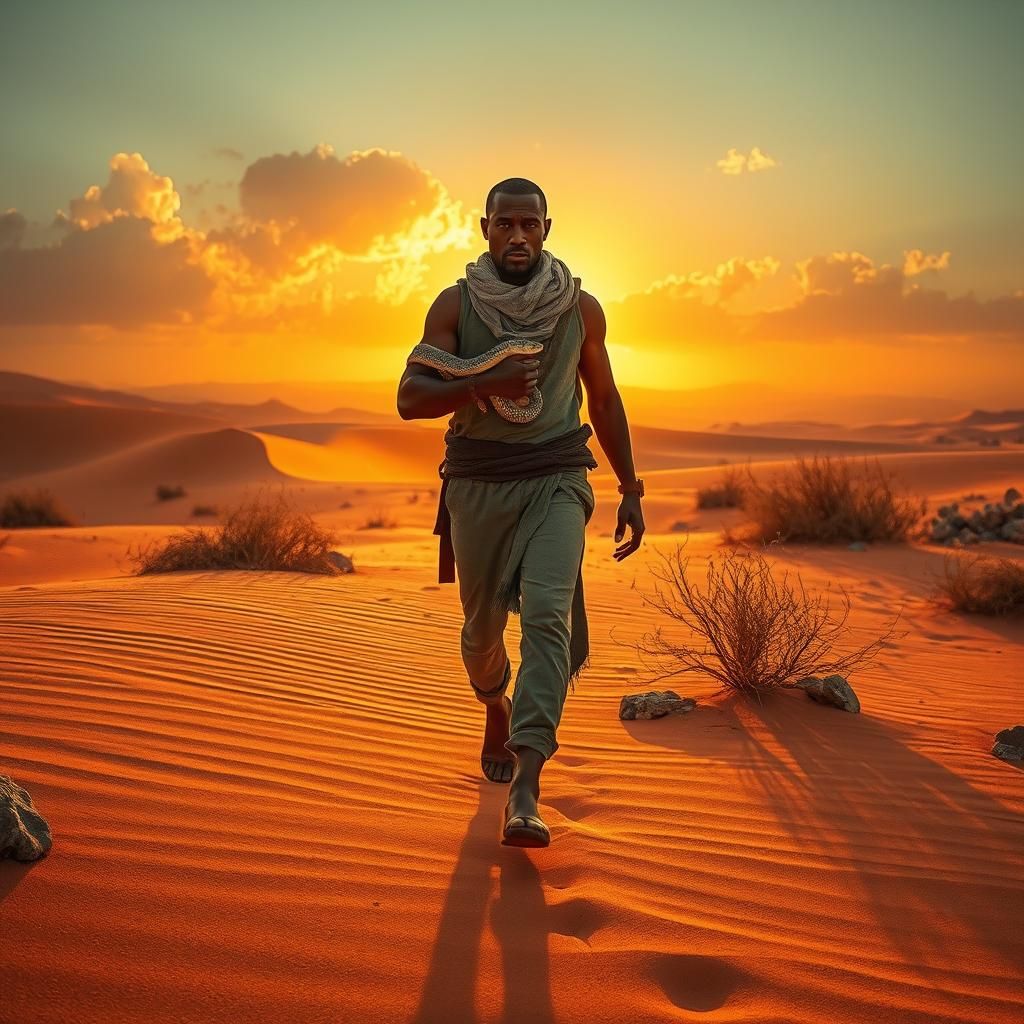 Desert Walker with Snake, Cinematic Digital Art