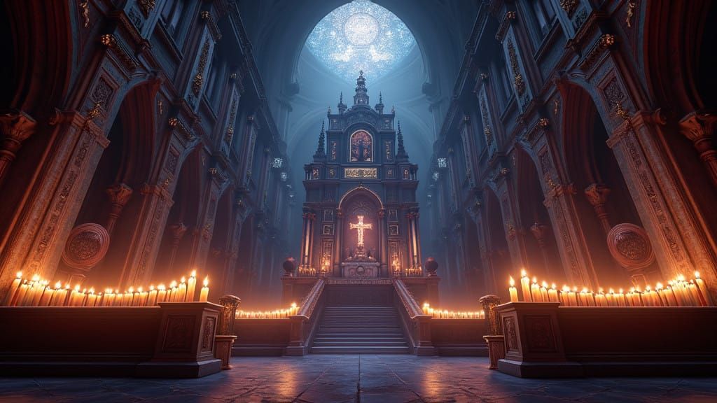 Ornate Church Shelf Illuminated by Golden Candles in a Fanta...