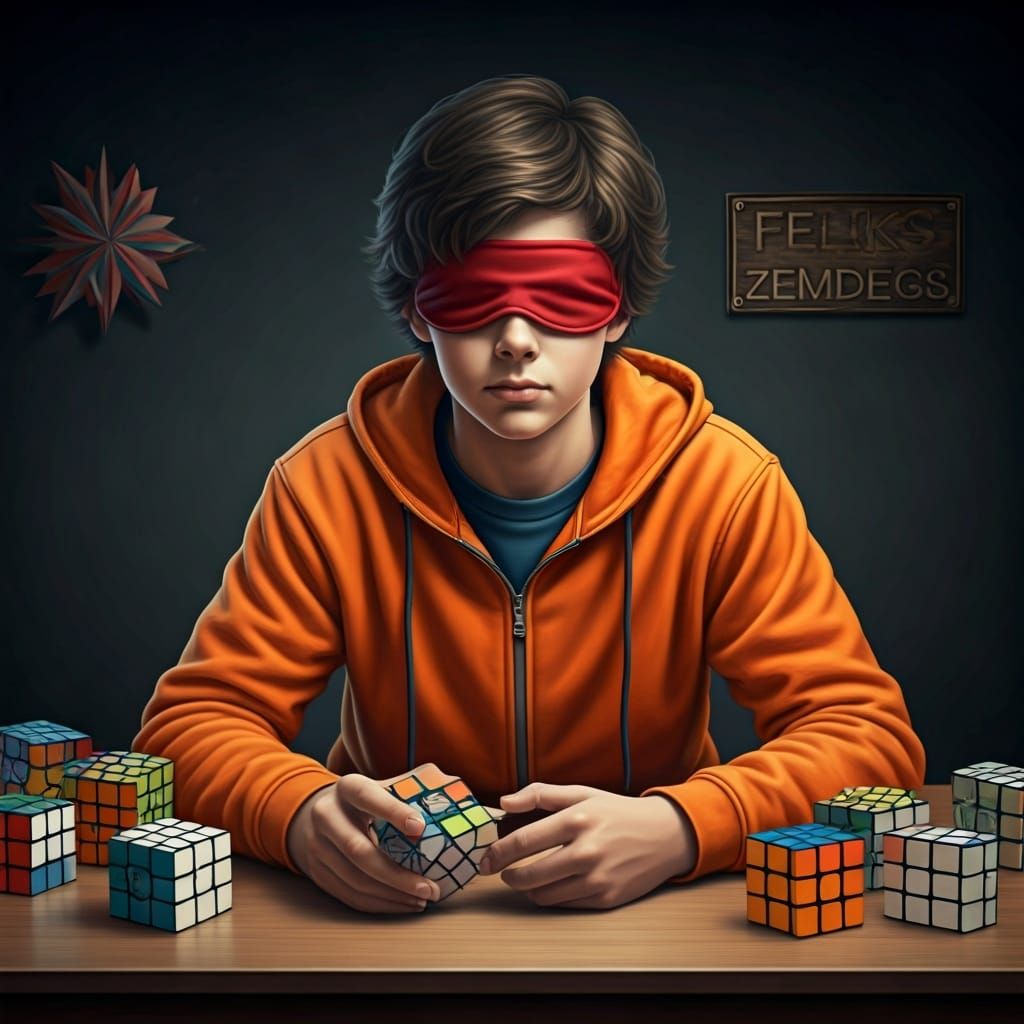 Teenager and Rubik's Cubes, Realistic Digital Art