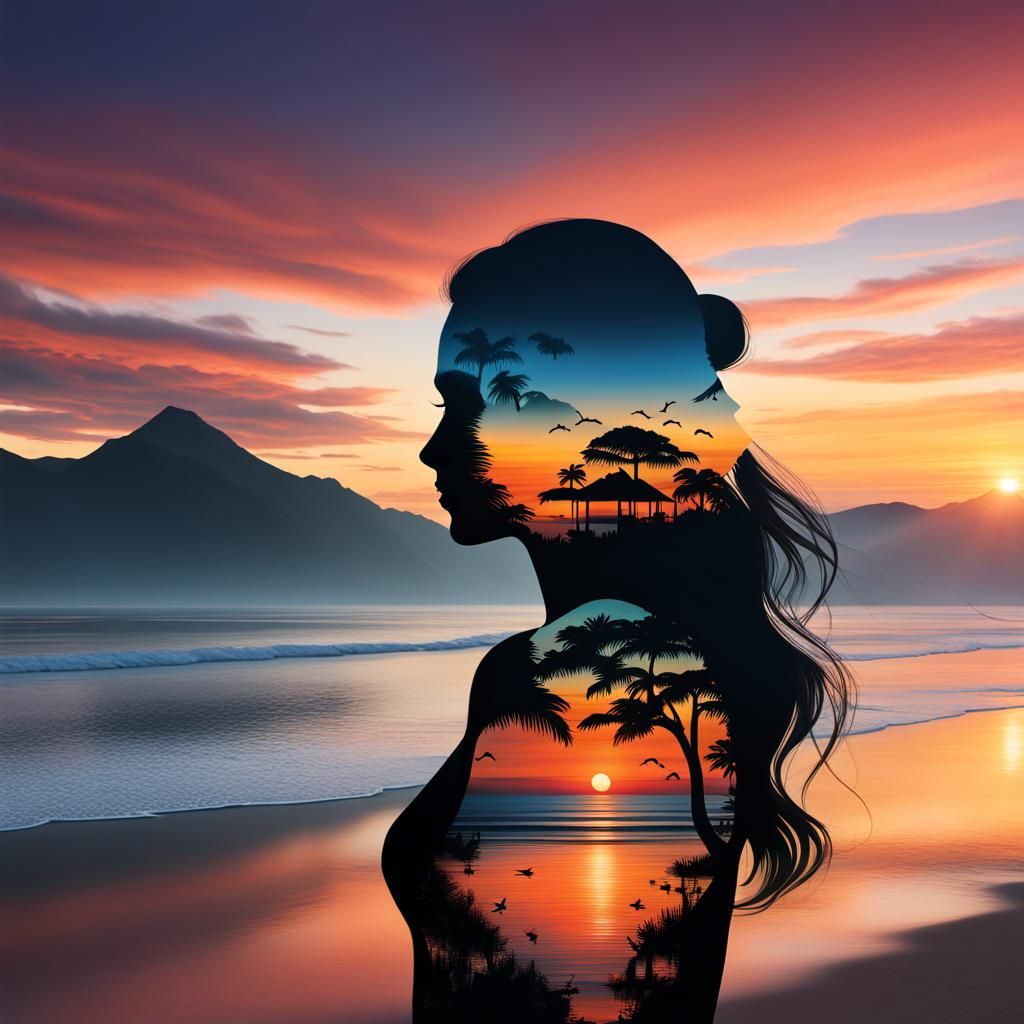 Double Exposure: Woman and Sunset Coast