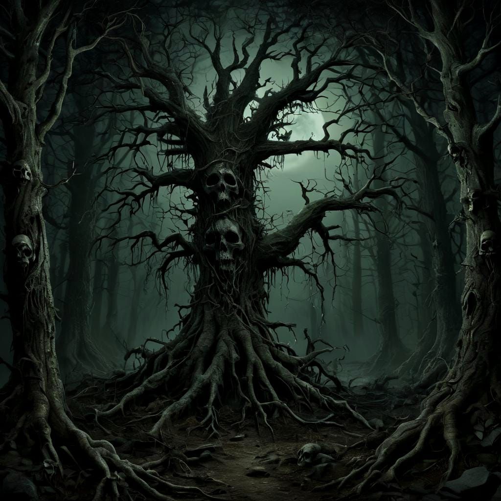Gloomy Fantasy Forest with Hemp Trees and Skulls