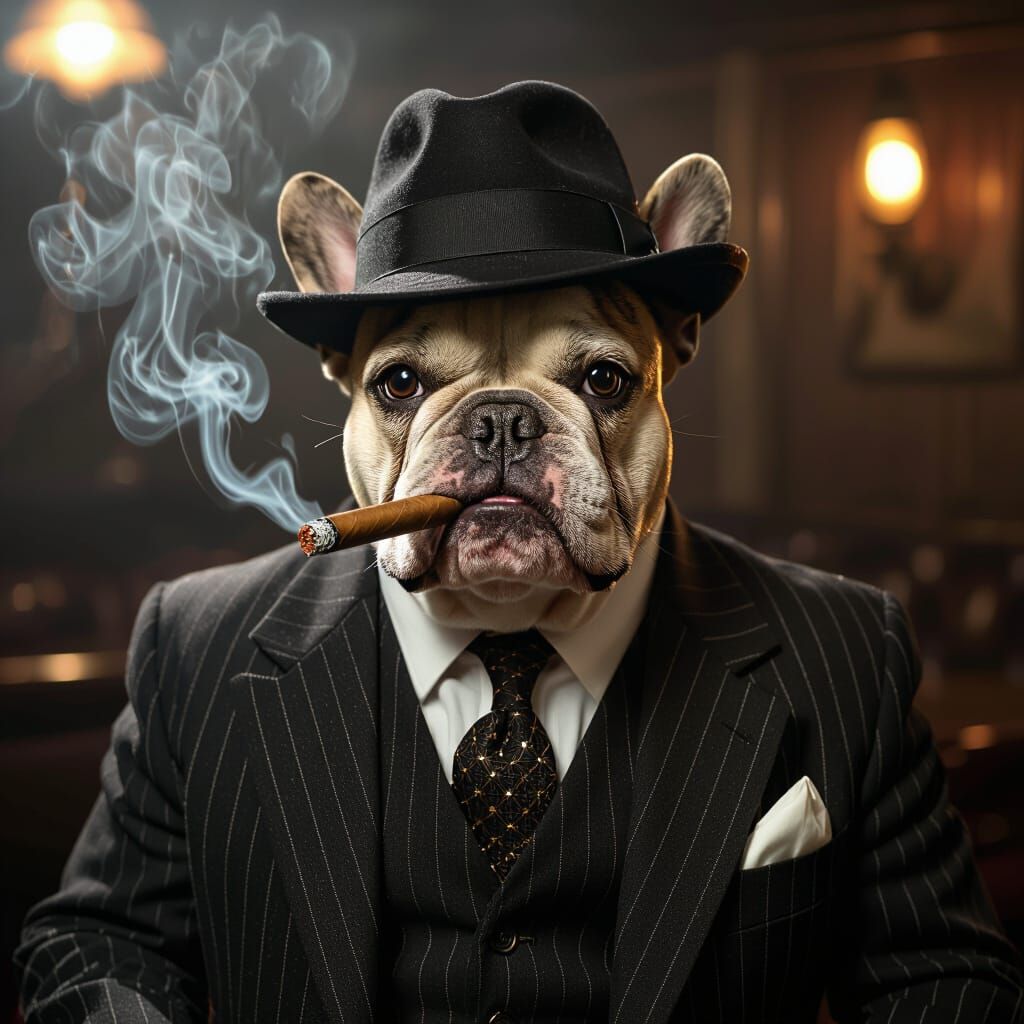 French Bulldog Noir Detective in Speakeasy