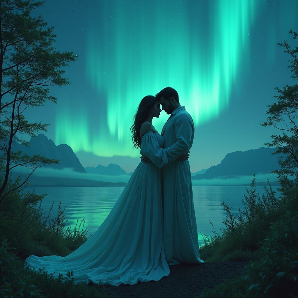 Surreal Couple Embrace Under Aurora