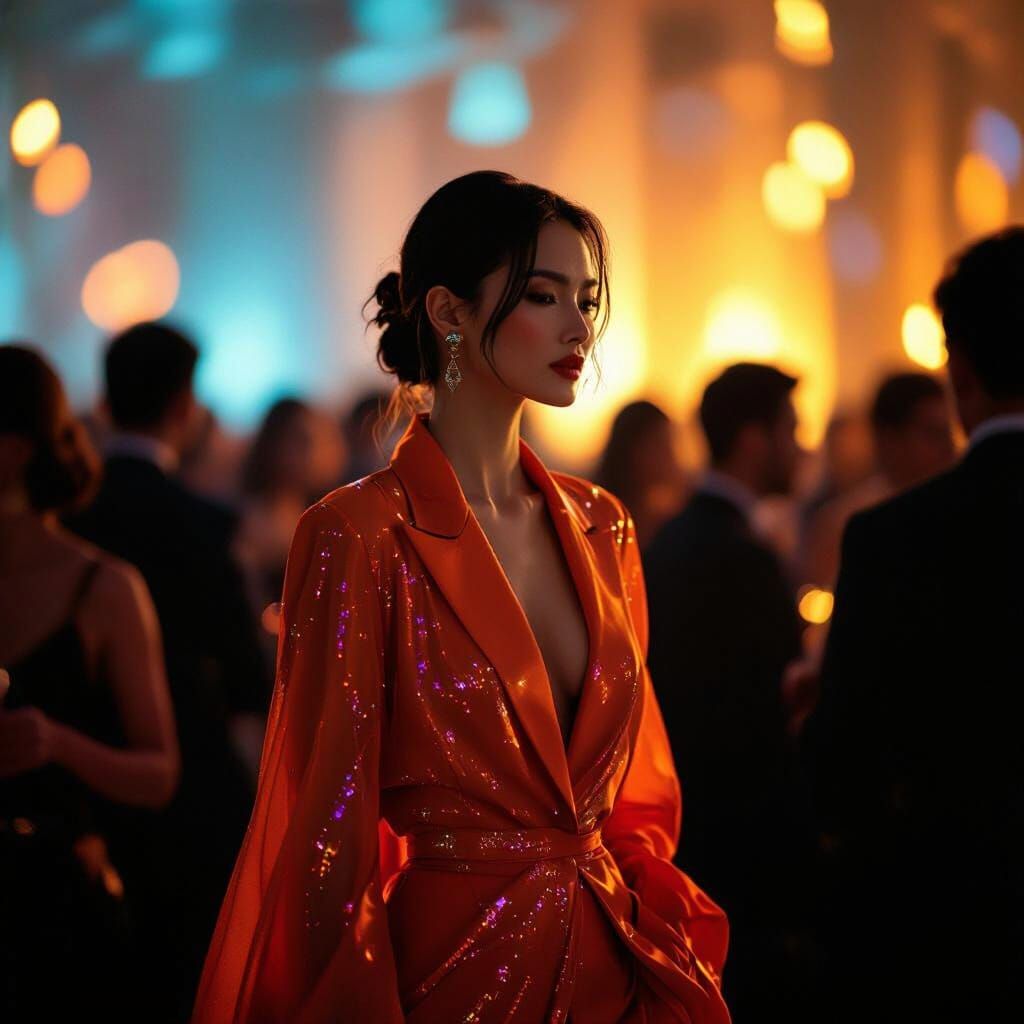 Figure in Tangerine Amidst Golden Reception