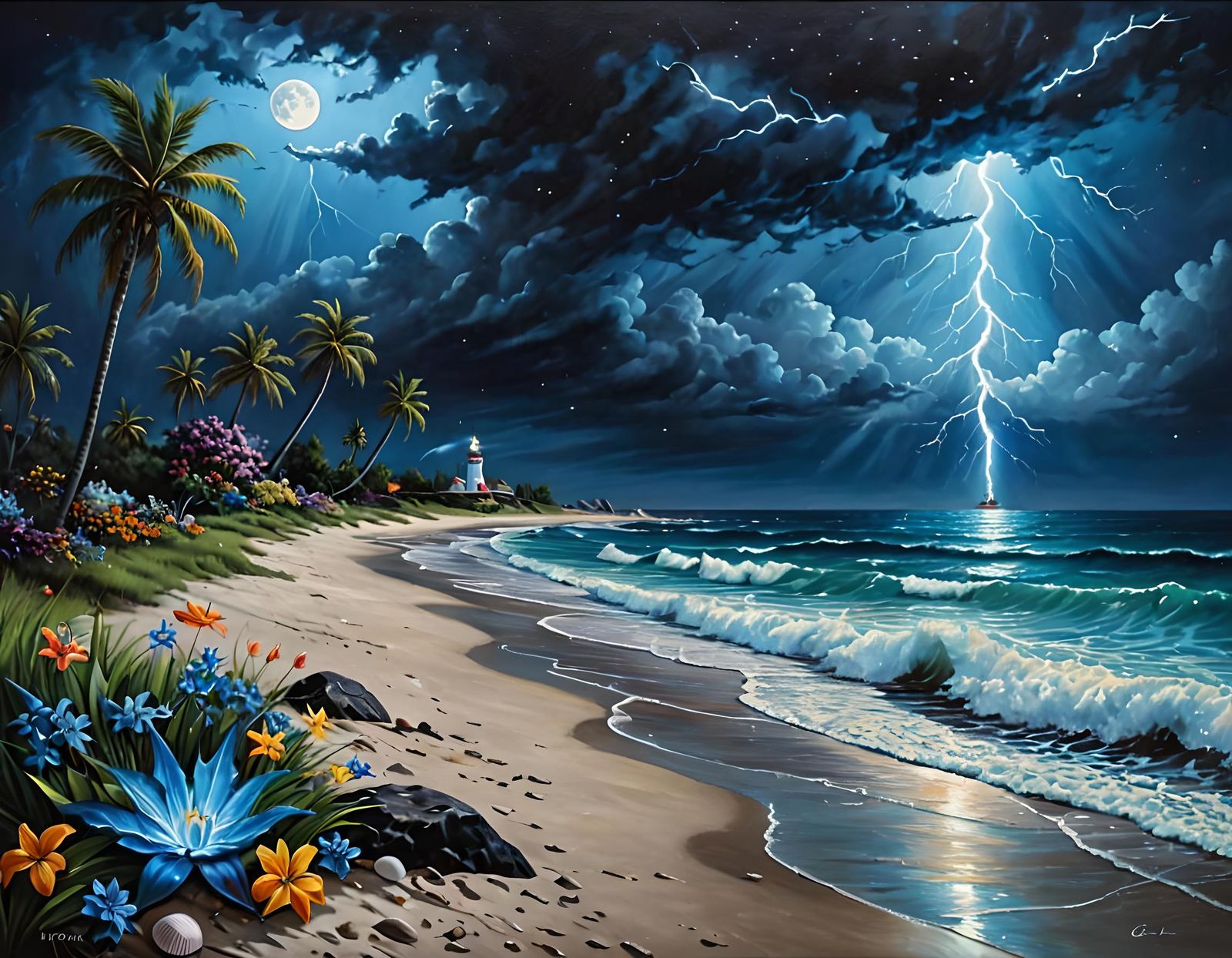 Moody Beach Scene with Lightning in Oil Painting