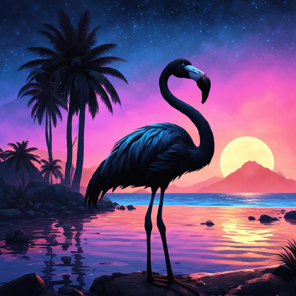 Stunning Black Flamingo Silhouette Against Vibrant Neon Suns...