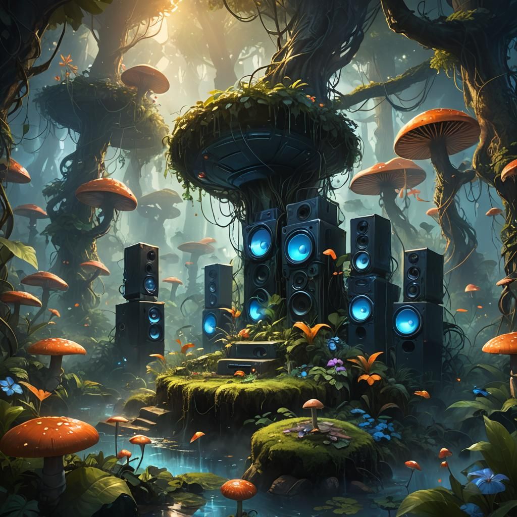 Ghibli-Inspired Jungle Dreamscape with Floating Speakers