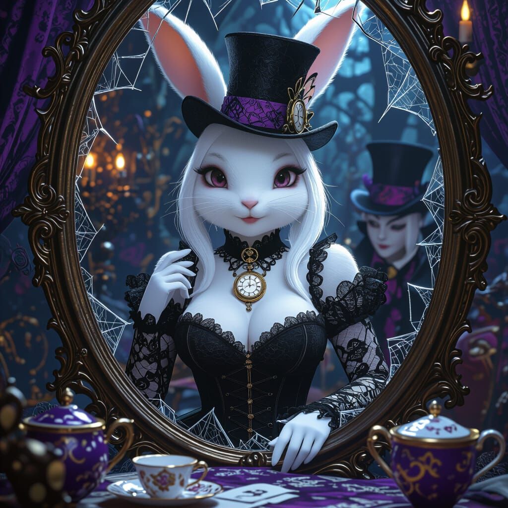 Anime Rabbit Timemaster at Mad Tea Party in Dark Fantasy Sty...