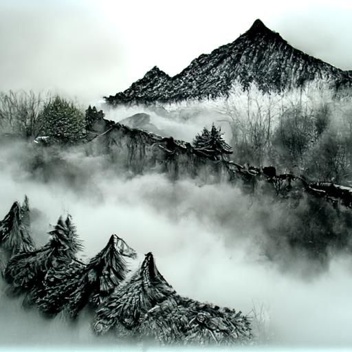 Misty Mountain Landscape: Hyperdetailed Charcoal Drawing
