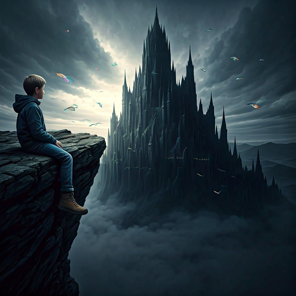 Cliffside Castle with Flying Creatures in Dark Fantasy Style