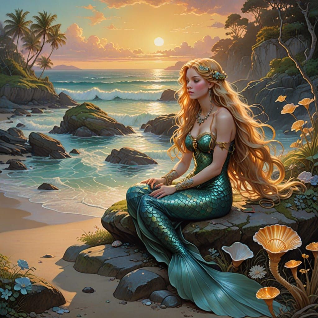 Surreal Mermaid in Seashell Necklace, Sunset Beach Scene