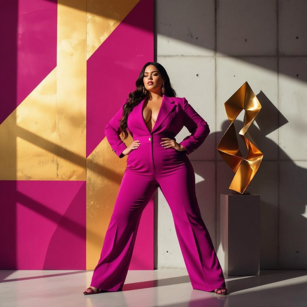 Plus-Size Latina Model in Bold Outfit, Editorial Vogue Style