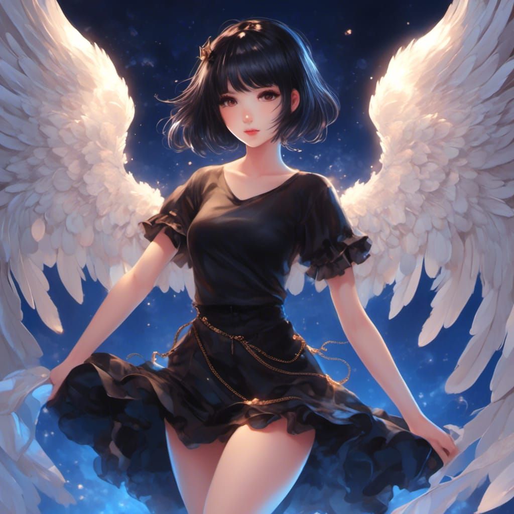 Anime Angel with Black Hair and Wings