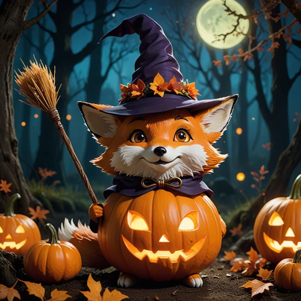 Mischievous Fox in Witch Hat Peeking from Pumpkin