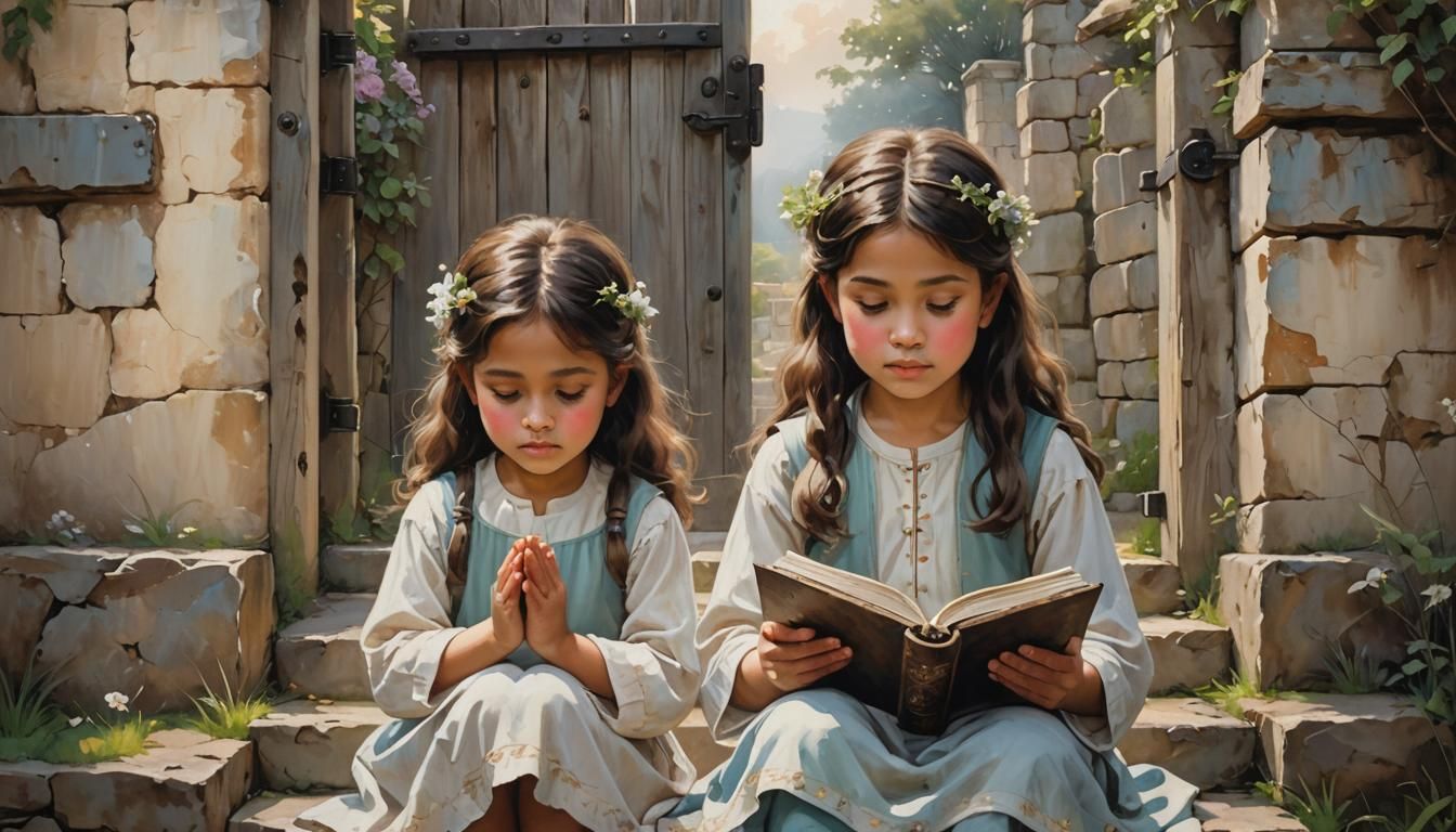 Dreamy Oil Painting: Girls in Prayerful Contemplation