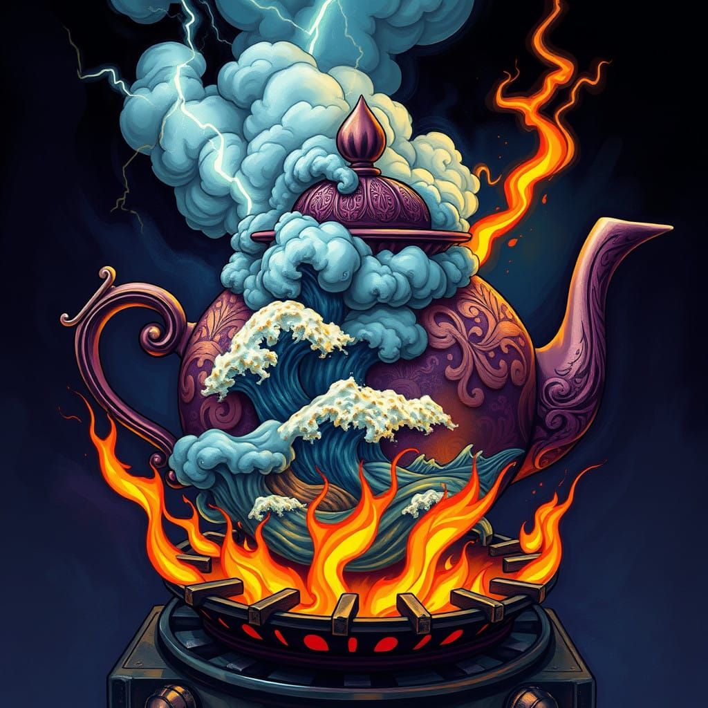 Majestic Teapot Tempest in Vibrant, Surreal Graffiti Style