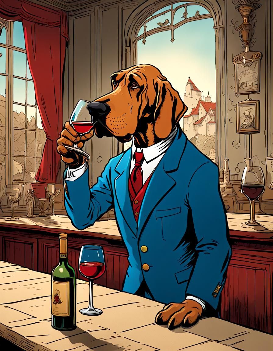 Bloodhound Sommelier Nosing Wine, Humorous Cartoon