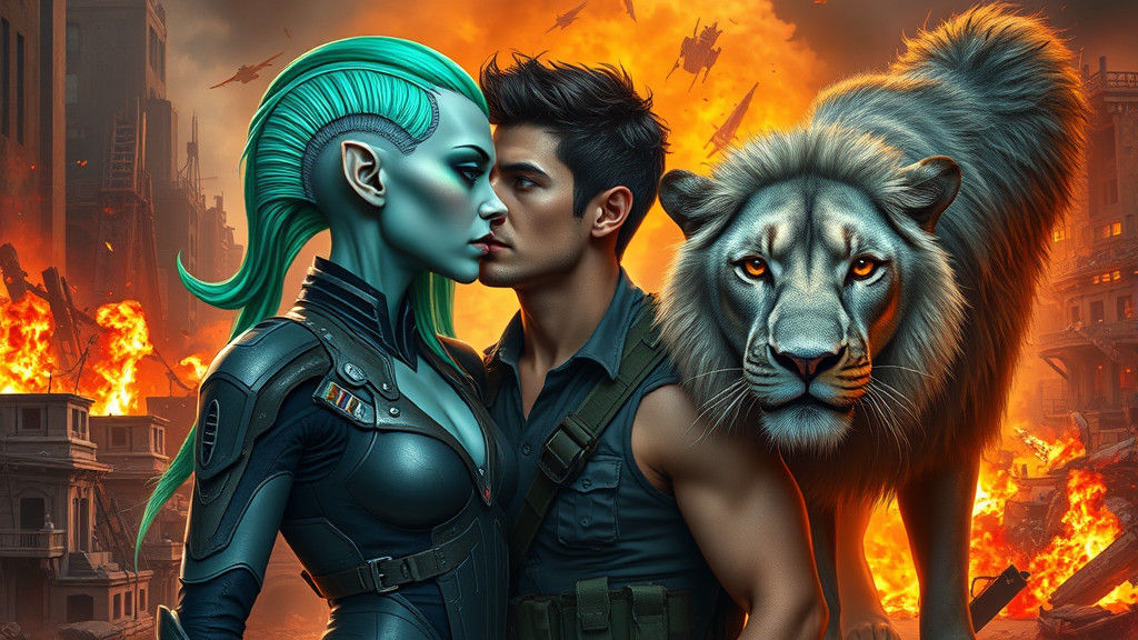 Alien Woman and Human Kiss in War Zone