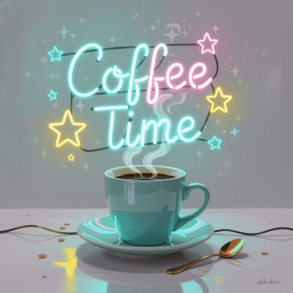 Ethereal Neon Coffee Sign in Pastel Gradients