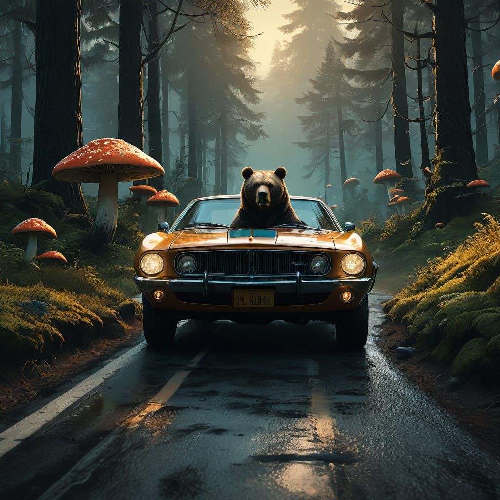 Bear Cruising a Retro-Futuristic Road