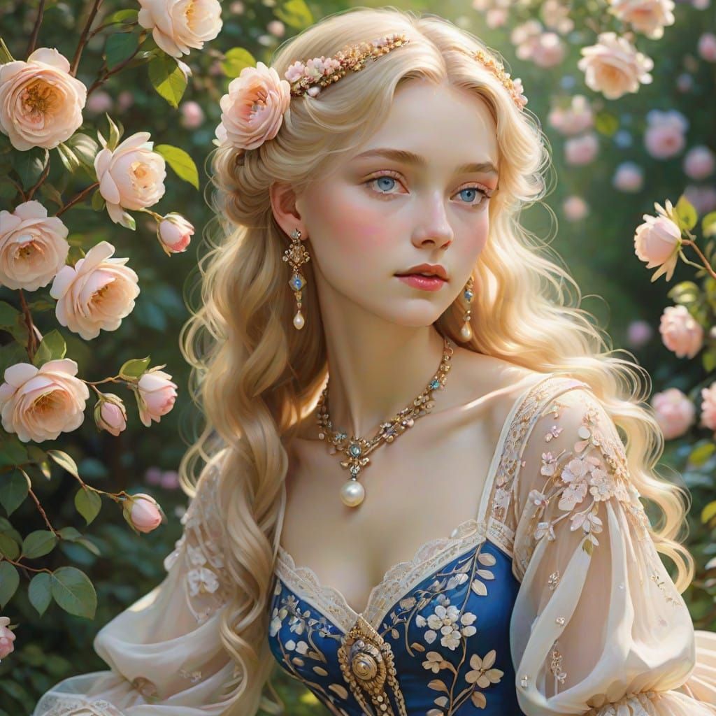 Serene Blonde Lady in Whimsical Wonderland Garden
