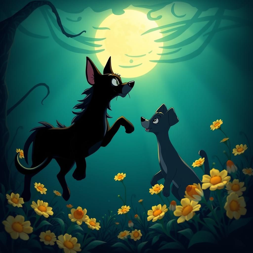 Underwater Sunflower Field with Puppies, in Cartoon Style