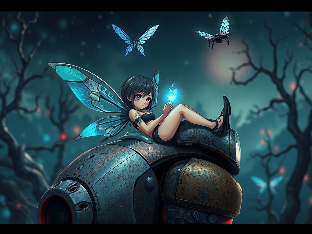 Cyberpunk Fairy Lounging in Metallic Forest: Anime Style