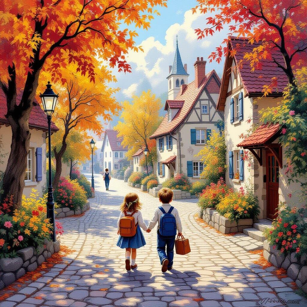 Autumnal Scene of Children Walking to School