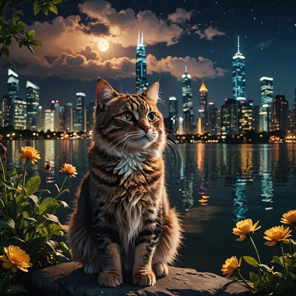 Cat Overlooks City Skyline at Night, Impressionistic Style