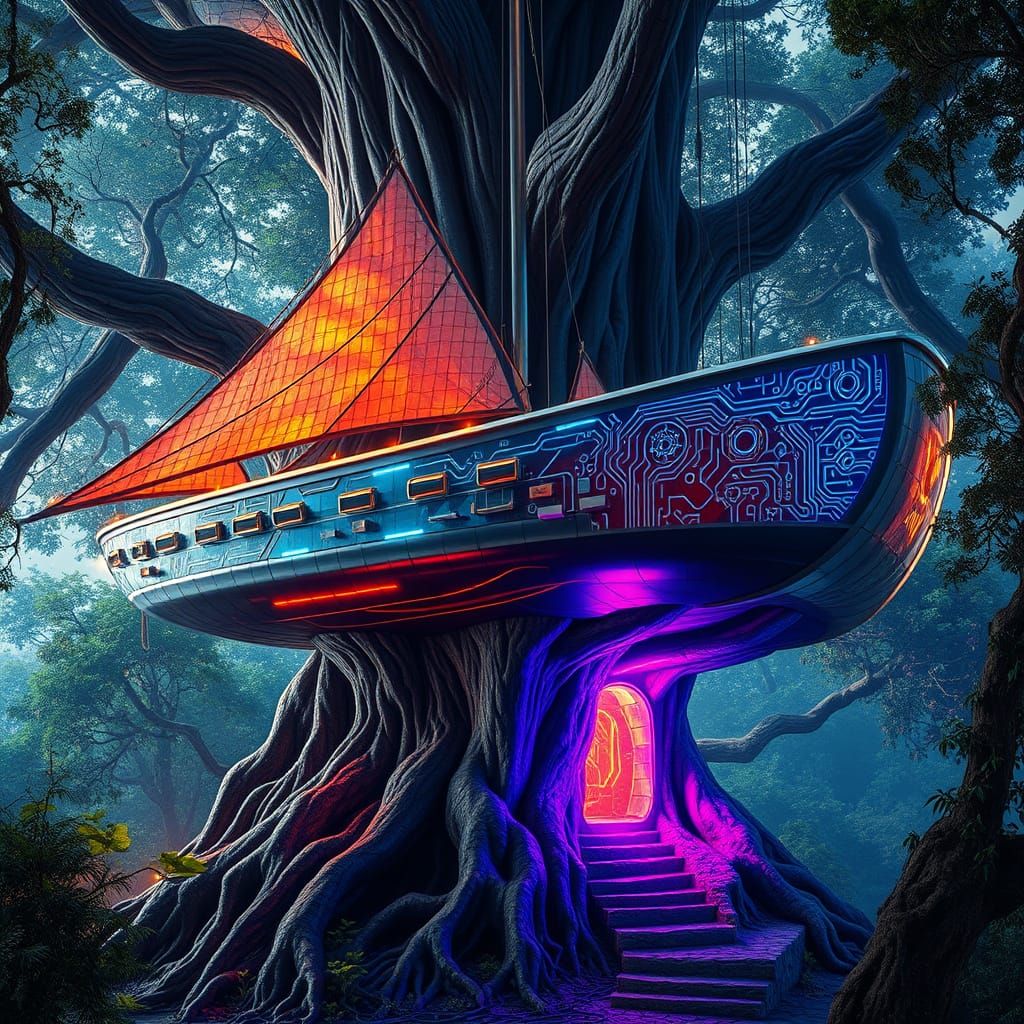 Futuristic Treehouse Amidst Ancient Cyberpunk Landscape