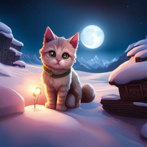 Cute Kitten in Snowy Fantasy Landscape