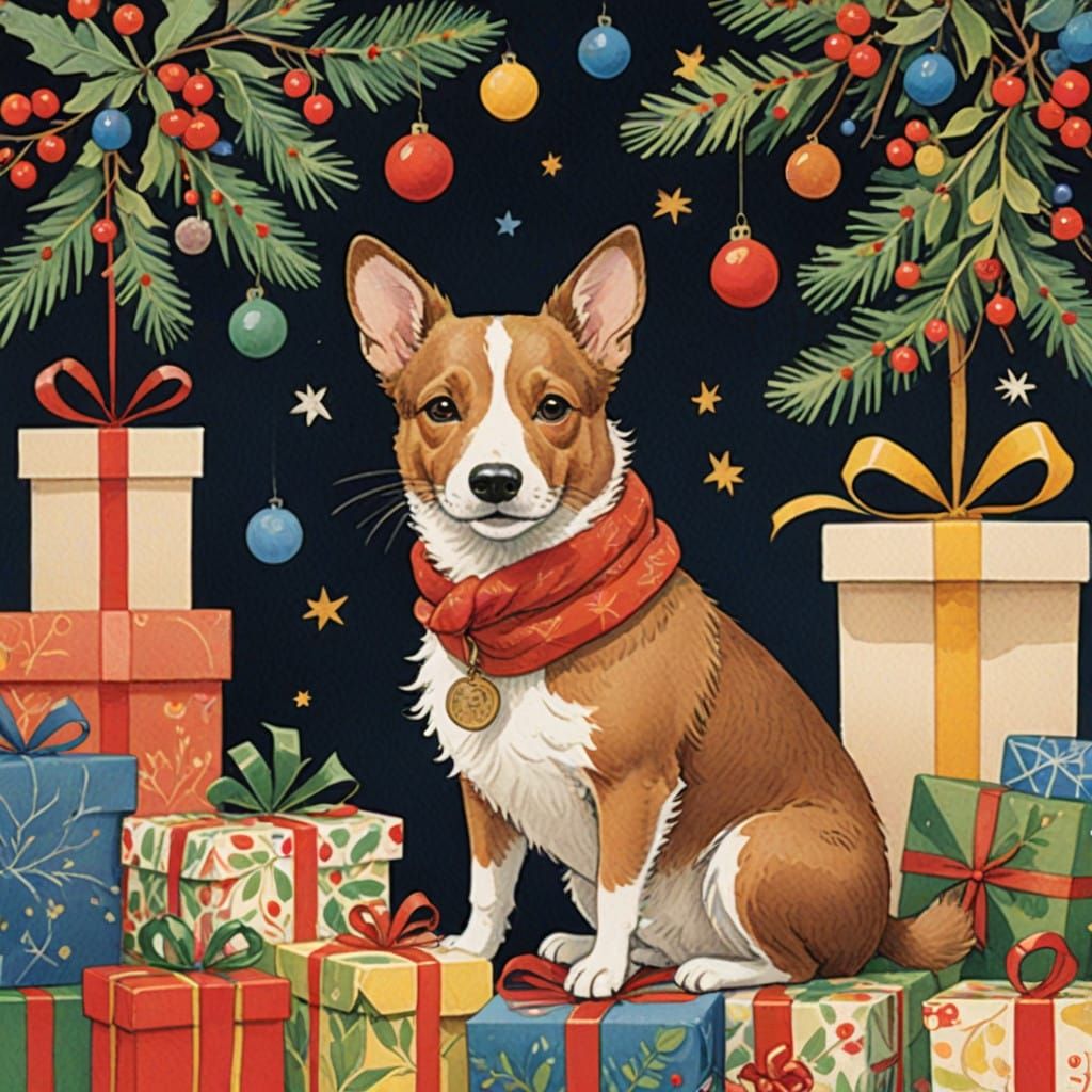 Joyful Christmas Dog in Whimsical Watercolor Style