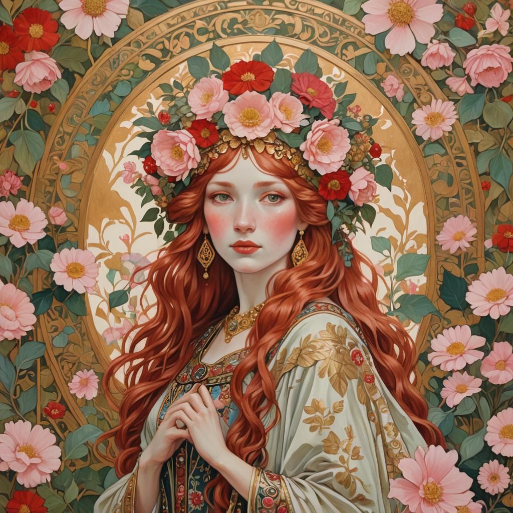 Red-Haired Woman with Gold Headdress in Art Nouveau Style