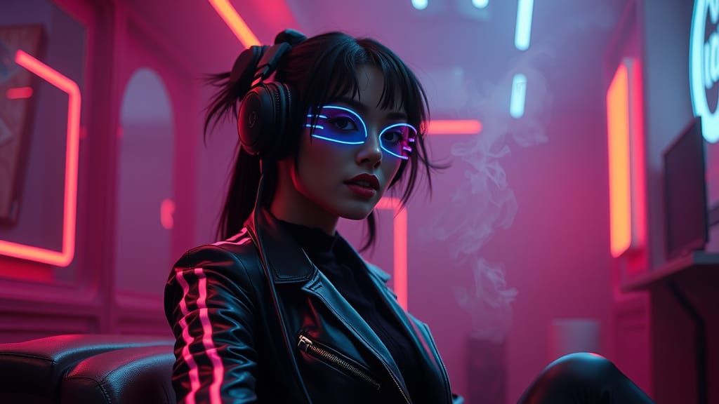 Rebellious Cyberpunk Girl in Neon-Striped Leather Suit, Smok...