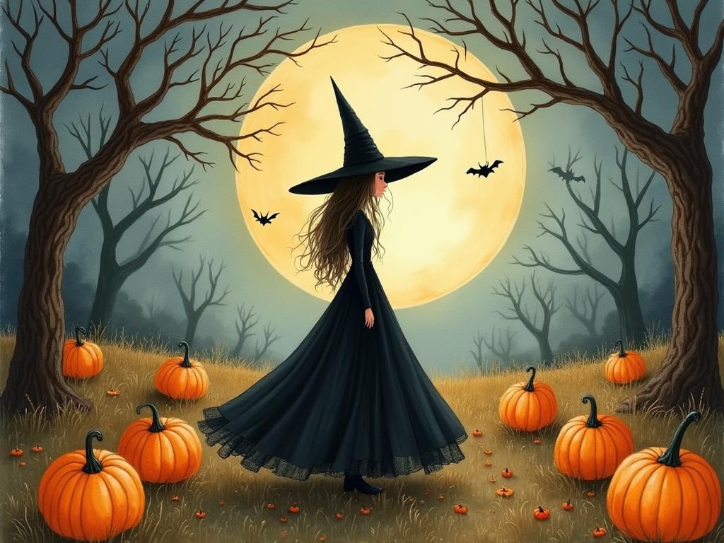 Whimsical Witch in a Moonlit Pumpkin Patch